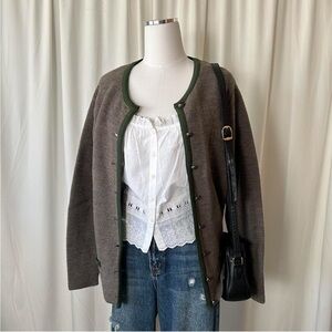 H. Moser 100% Wool cardigan in grey with green trim.